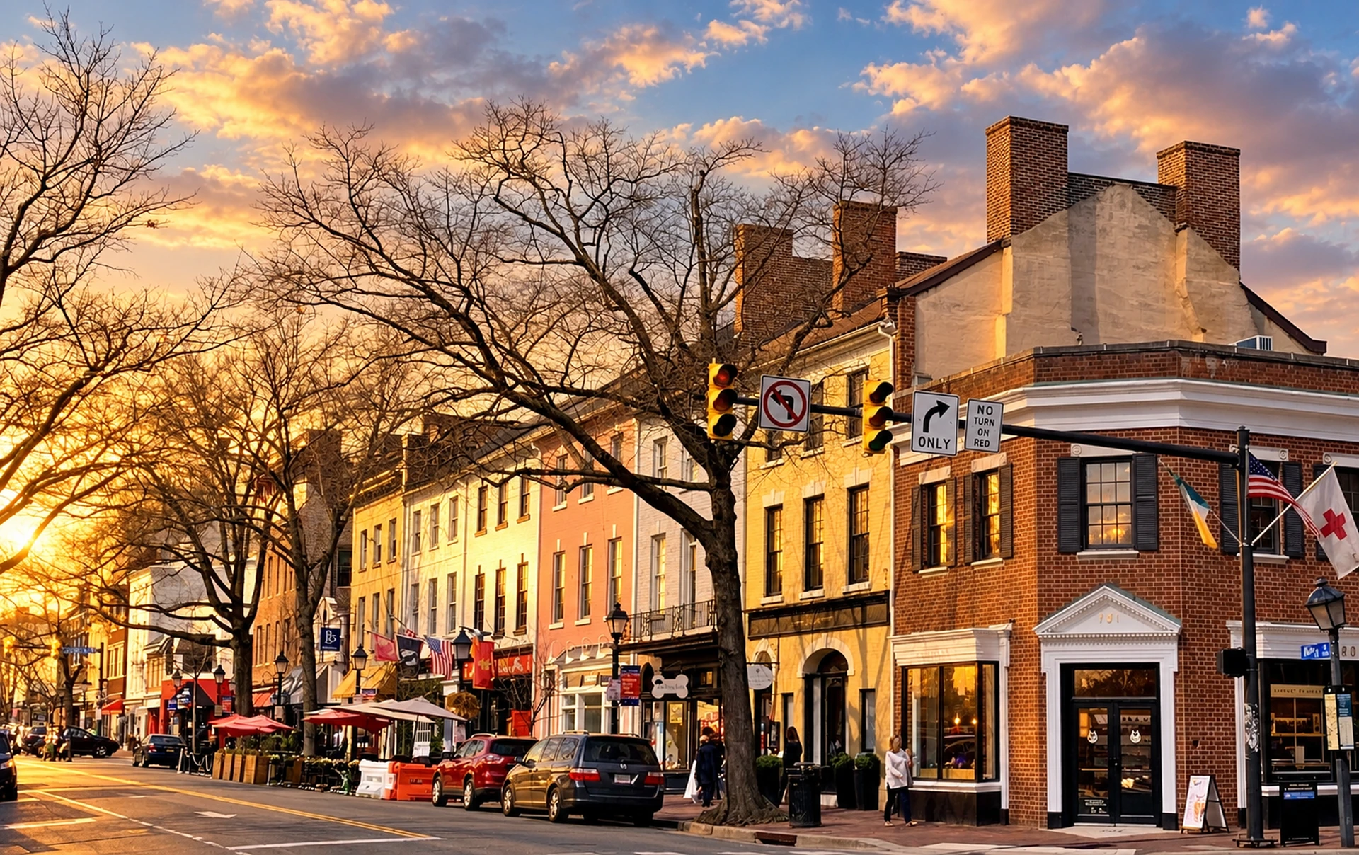Historic shops along King Street in Old Town Alexandria, Virginia